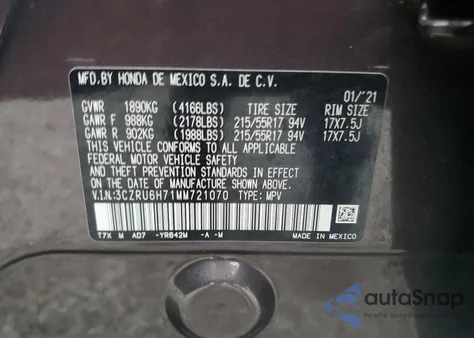 2021 Honda Hr-V Exl from USA, damaged, VIN 3CZRU6H71MM721070